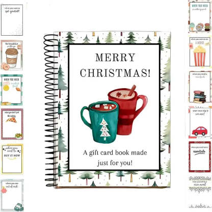 A spiral-bound gift card book with a festive Christmas cover design, featuring the text 'MERRY CHRISTMAS! A gift card book made just for you!' and illustrations of two hot cocoa mugs, surrounded by a border of pine trees. Side panels show additional card designs included in the set.
