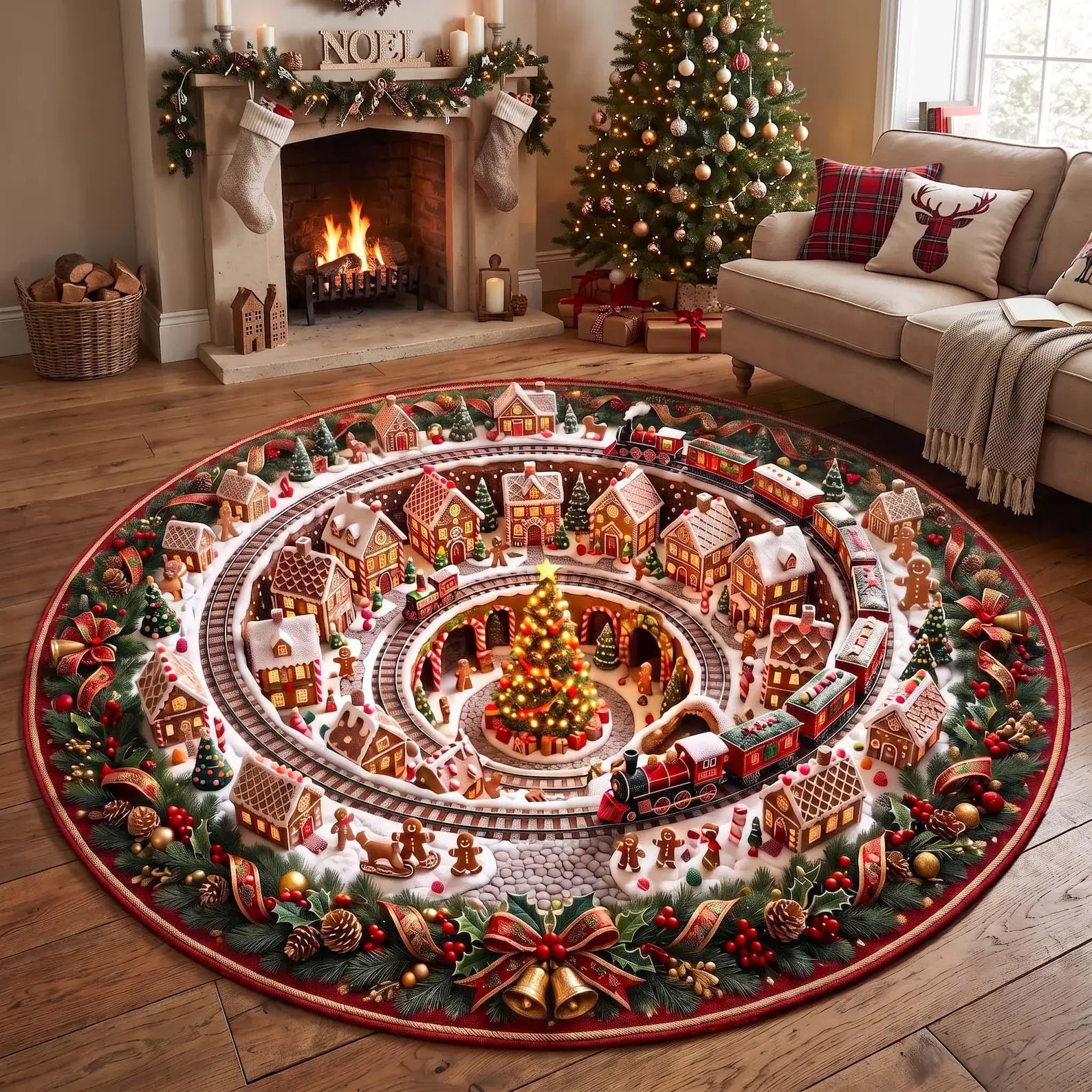 A round Christmas-themed rug featuring a detailed miniature village scene with gingerbread houses, toy trains, snow, and evergreen trees, displayed on a wooden floor in a cozy living room with a fireplace and decorated Christmas tree.