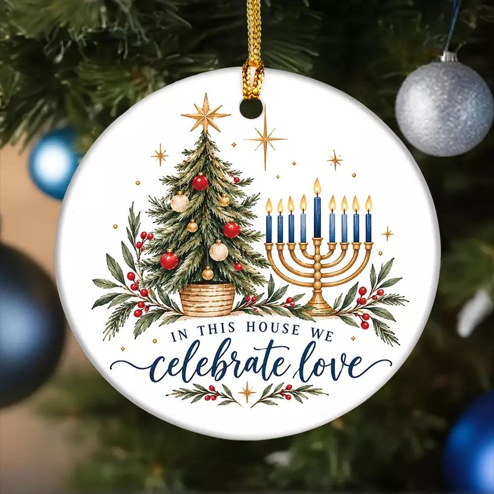 Christmas and Hanukkah ceramic ornament with a festive holiday design