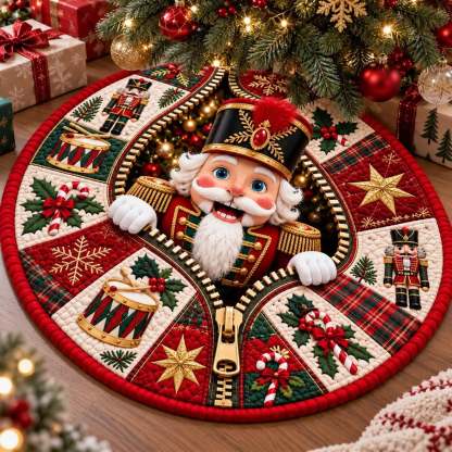A round Christmas tree skirt styled under a decorated Christmas tree, featuring a central nutcracker figure peeking out from a zipper-like design with holiday motifs including plaid, drums, holly, candy canes, and gold stars.