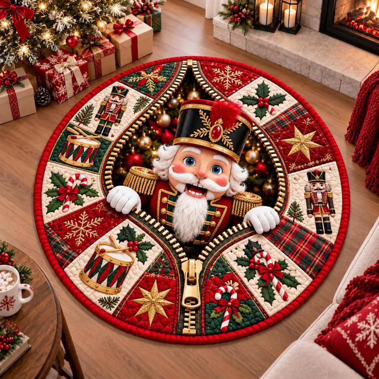 A round Christmas tree skirt featuring a central nutcracker character peeking out from a zipper-like design, surrounded by festive quilted panels with drum motifs, snowflakes, holly, candy canes, and plaid patterns. The skirt is displayed in a cozy living room setting near a fireplace and wrapped holiday gifts.