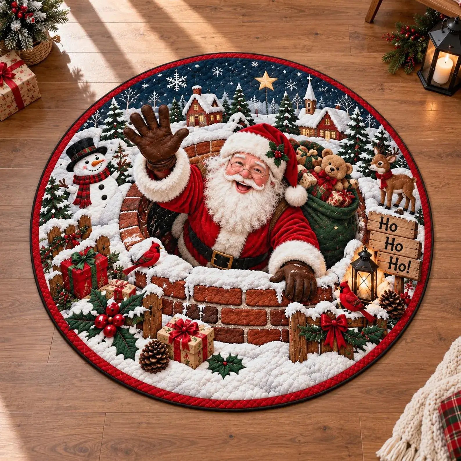 A round Christmas-themed area rug featuring Santa Claus waving from behind a brick chimney in a snowy village scene, displayed on a wooden floor.