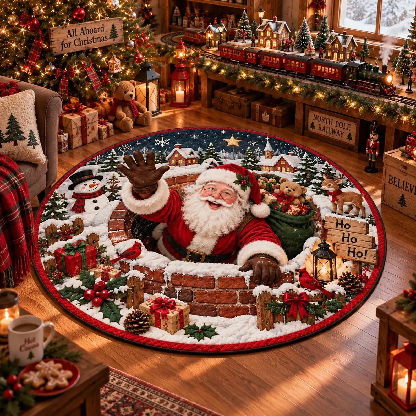 A round Christmas-themed area rug featuring Santa Claus rising from a brick chimney with a sack of gifts, displayed in a cozy, decorated holiday living room.