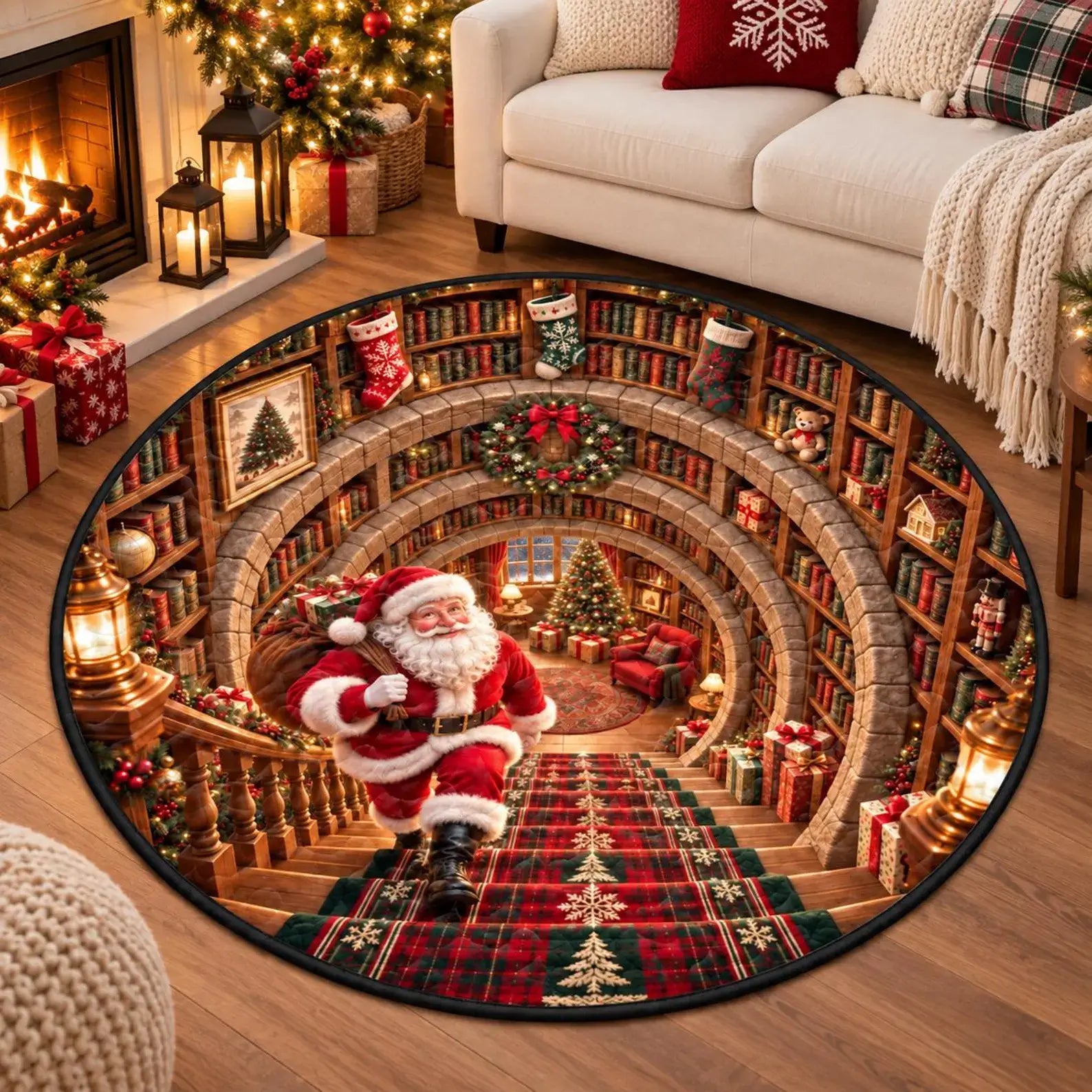 A round area rug featuring a festive Christmas library scene with Santa Claus walking down a staircase, surrounded by bookshelves, stockings, ornaments, and warm lanterns, shown in a cozy living room setting.