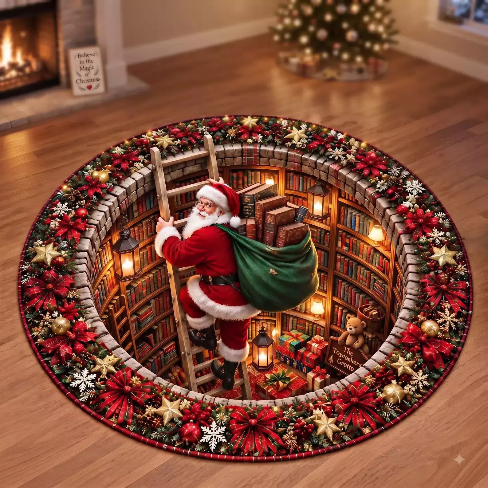 A round Christmas-themed area rug displayed on a wooden floor in a cozy living room setting. The rug features a detailed illustration of Santa Claus climbing a ladder into a glowing, book-filled library, surrounded by a festive border of red poinsettias, green holly, pinecones, and gold stars.