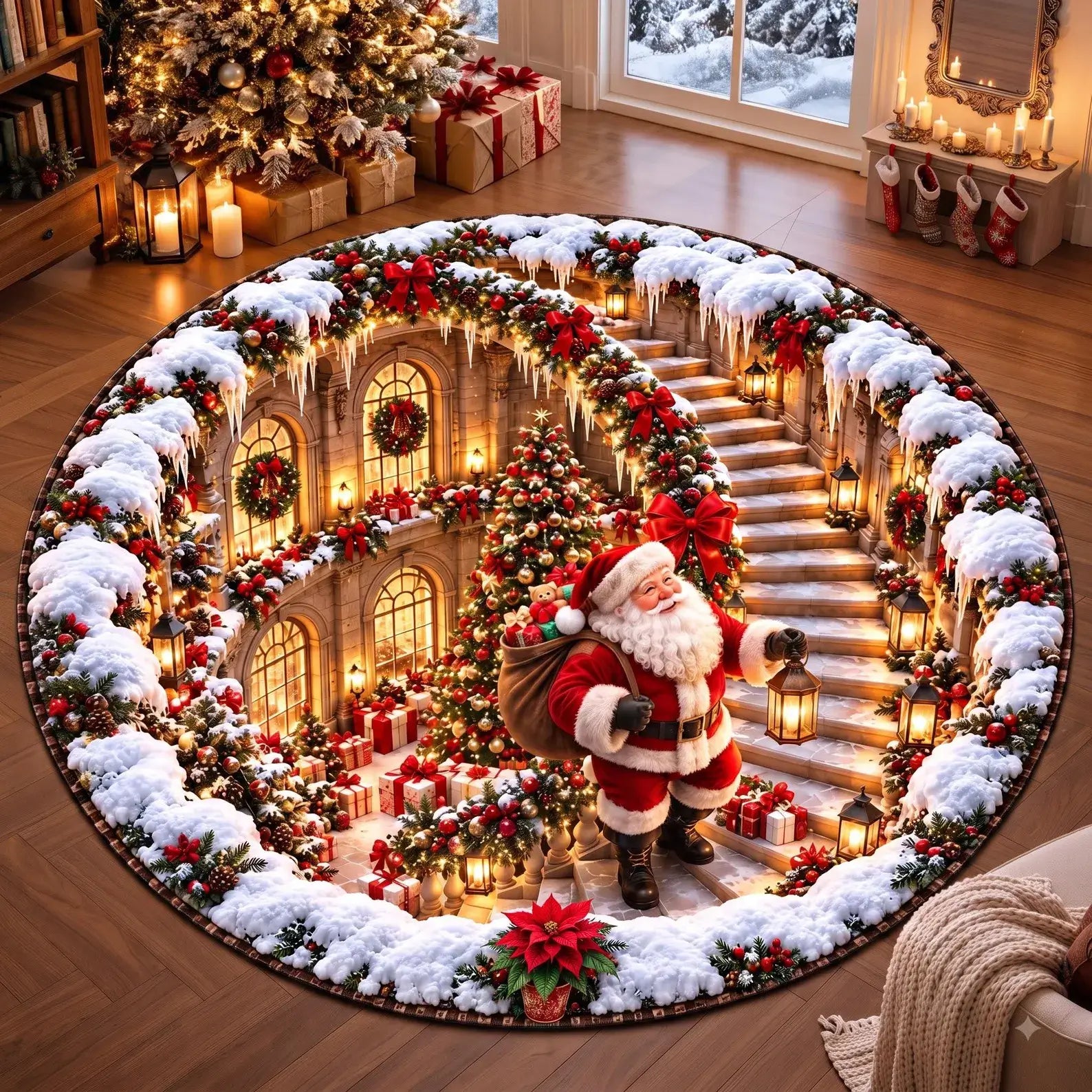 A round Christmas-themed area rug displayed on a wooden floor in a decorated living room. The rug features a detailed scene of a snowy staircase leading up to a Christmas tree, with garlands, lanterns, wrapped gifts, and a Santa Claus figure carrying a sack.