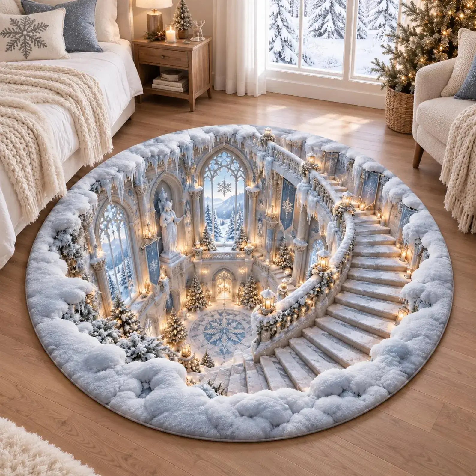 A round area rug featuring a detailed winter fantasy scene of a snowy cathedral interior with a spiral staircase, displayed on a wooden floor in a cozy, sunlit living room.