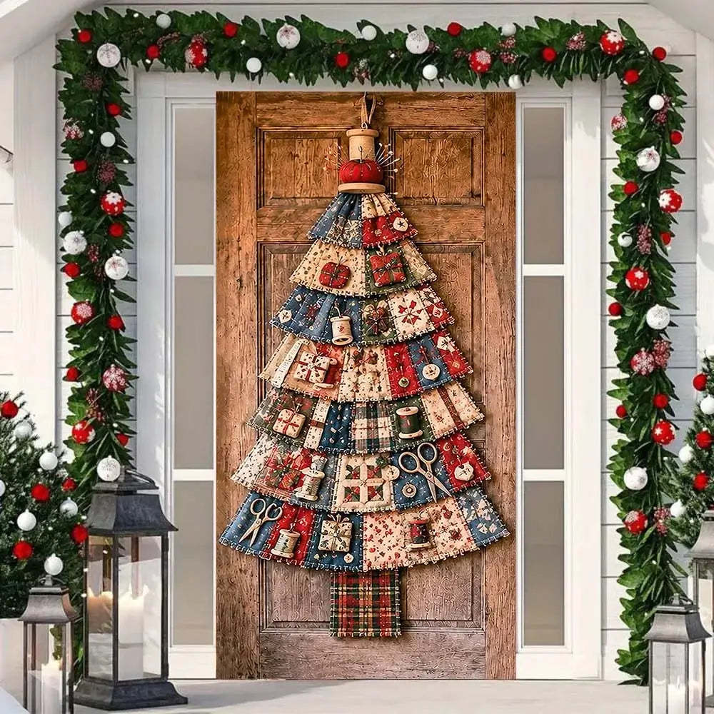 Festive Christmas door cover with a seasonal decorative print