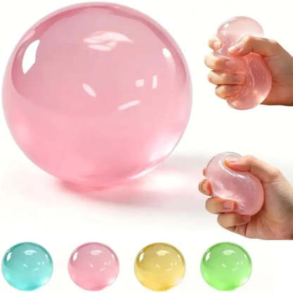 A pink translucent stress ball shown large on the left, with two hands squeezing smaller versions on the right. Four smaller balls in teal, pink, yellow, and green appear along the bottom on a white background.