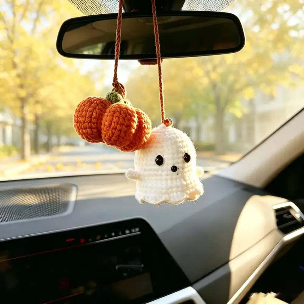 Handmade Crochet Ghost Charm – Halloween Car & Bag Hanging Decor