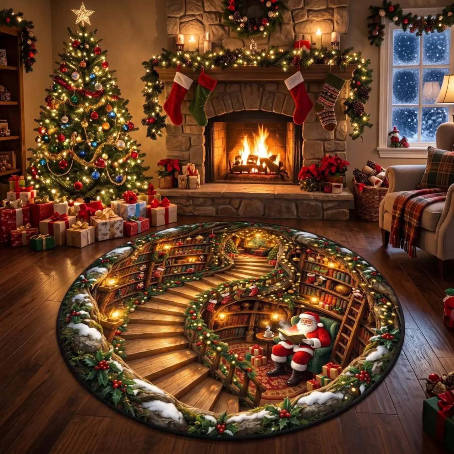 A round Christmas-themed area rug featuring a spiral staircase into a warmly lit library with Santa in a green chair, displayed on a dark wood floor in a decorated living room with a fireplace, tree, stockings, and wrapped gifts.