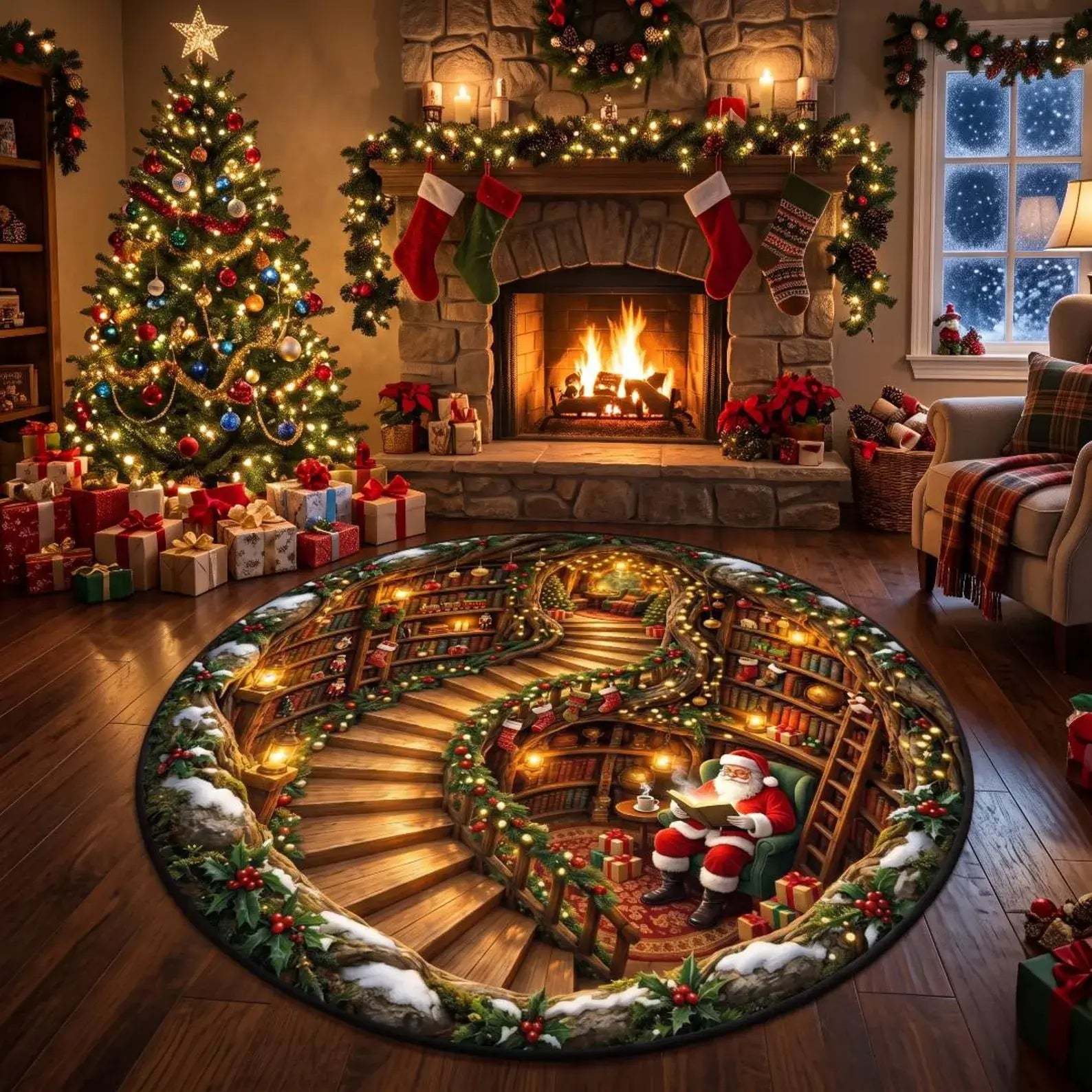 A round Christmas-themed area rug featuring a spiral staircase into a warmly lit library with Santa in a green chair, displayed on a dark wood floor in a decorated living room with a fireplace, tree, stockings, and wrapped gifts.