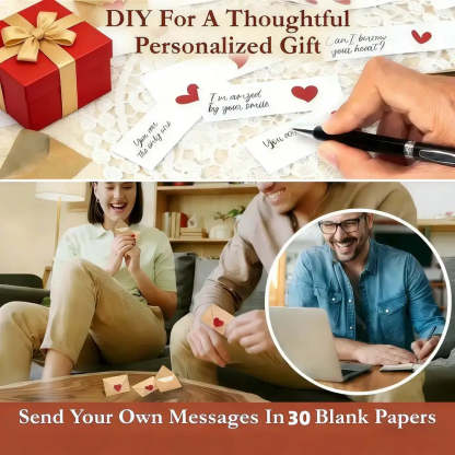 Promotional collage for a personalized gift set, showing a red gift box with a gold bow, blank message cards with heart graphics, a hand writing on a card, and a couple opening cards in a living room. Text reads 'DIY For A Thoughtful Personalized Gift' and 'Send Your Own Messages In 30 Blank Papers.