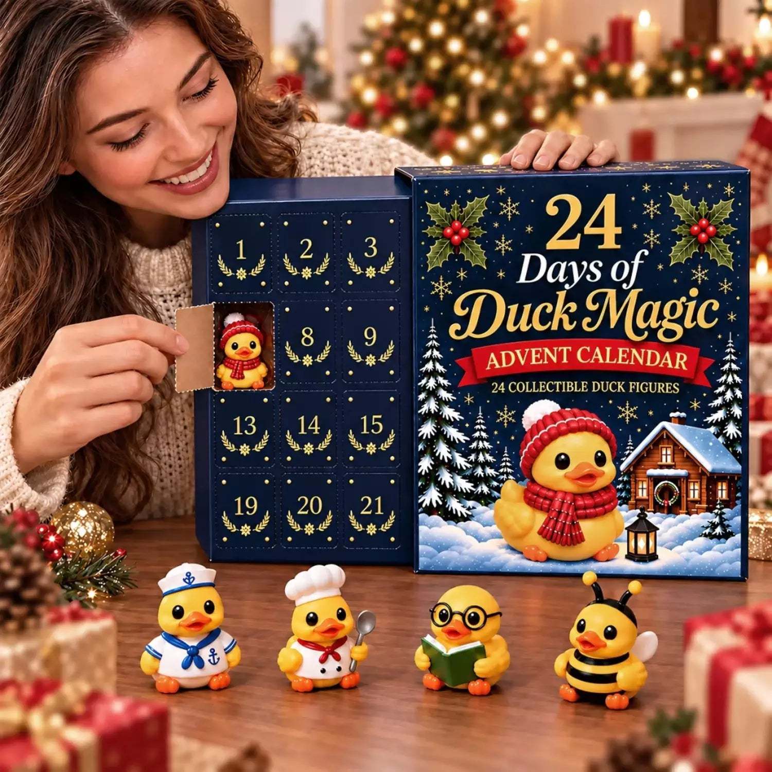 Mini duck figures revealed from the advent calendar compartments