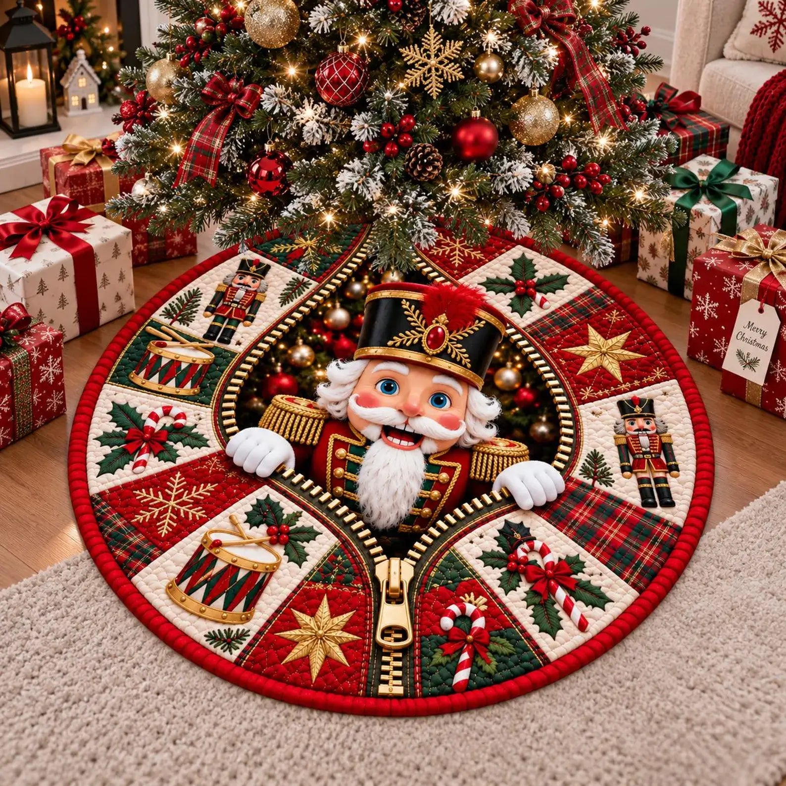 A round Christmas tree skirt featuring a large nutcracker character at the center, surrounded by festive holiday patches including plaid, stars, candy canes, holly, and nutcracker figures, styled under a decorated Christmas tree with wrapped gifts.