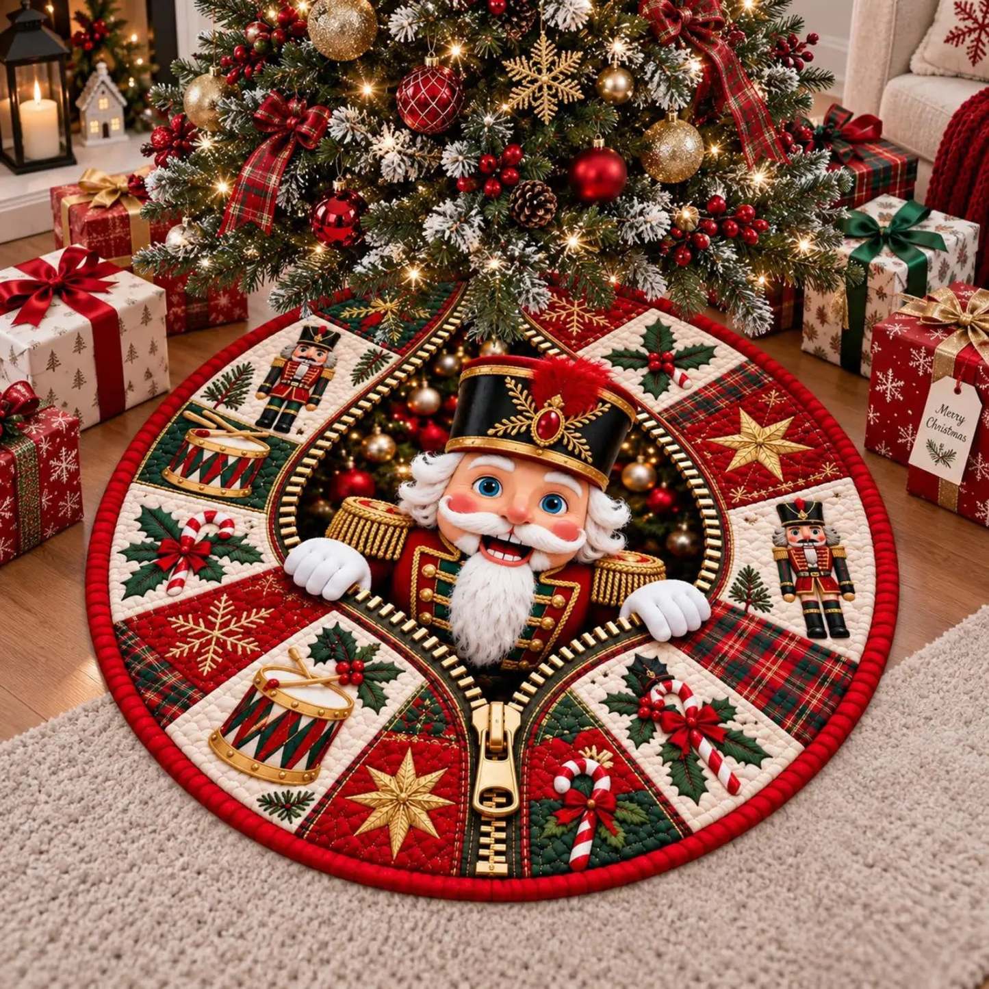 A round Christmas tree skirt featuring a large nutcracker character at the center, surrounded by festive holiday patches including plaid, stars, candy canes, holly, and nutcracker figures, styled under a decorated Christmas tree with wrapped gifts.