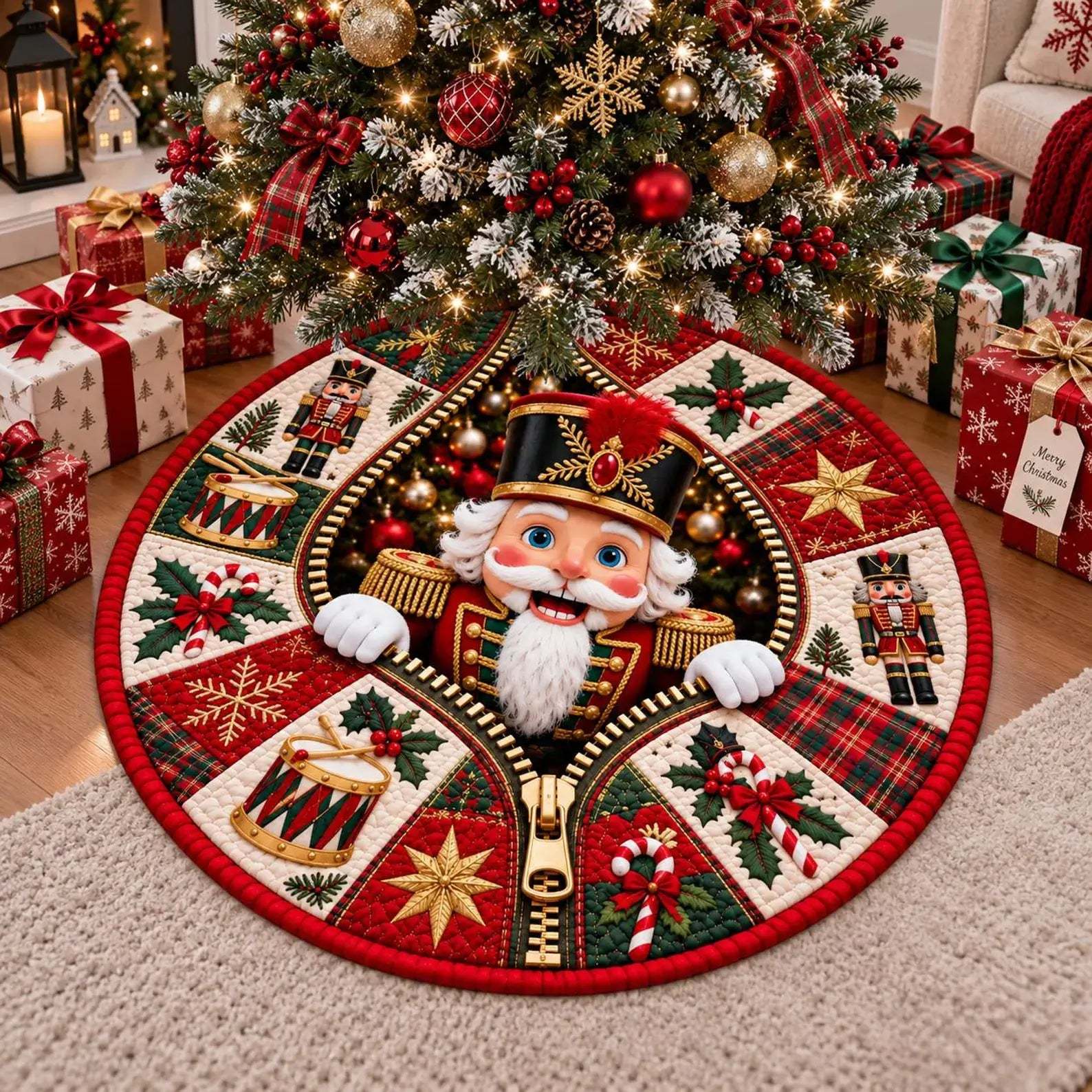 A round Christmas tree skirt featuring a large nutcracker character at the center, surrounded by festive holiday patches including plaid, stars, candy canes, holly, and nutcracker figures, styled under a decorated Christmas tree with wrapped gifts.