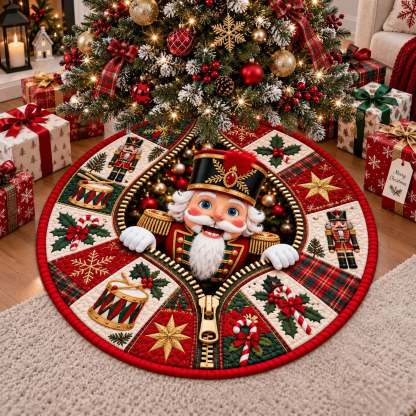 A round Christmas tree skirt featuring a large nutcracker character at the center, surrounded by festive holiday patches including plaid, stars, candy canes, holly, and nutcracker figures, styled under a decorated Christmas tree with wrapped gifts.