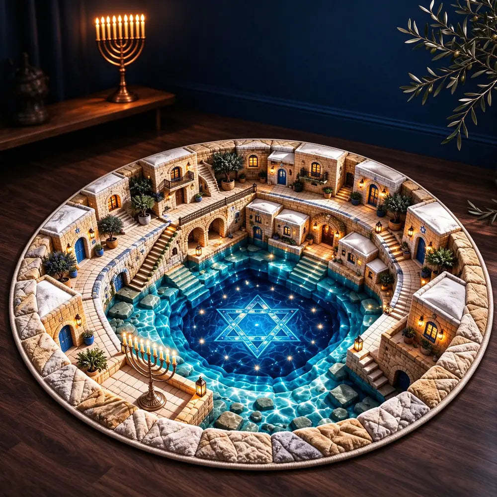 A circular area rug featuring a detailed 3D-style design of a courtyard with a glowing blue Star of David pool, surrounded by stone buildings and lit windows, displayed on a dark wood floor.