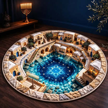 A circular area rug featuring a detailed 3D-style design of a courtyard with a glowing blue Star of David pool, surrounded by stone buildings and lit windows, displayed on a dark wood floor.