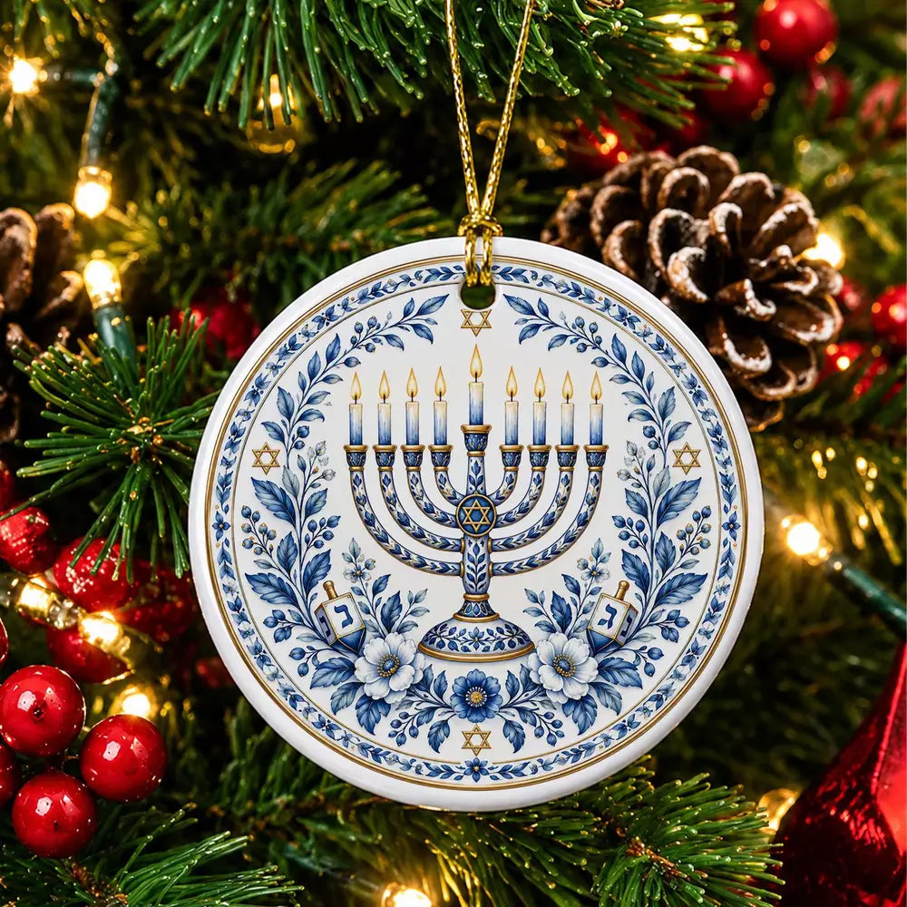 Blue and white Hanukkah ceramic ornament featuring a menorah and floral design