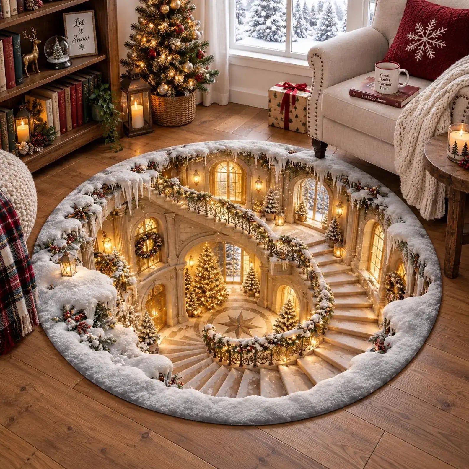A round area rug featuring a detailed Christmas-themed spiral staircase scene with snow, warm lights, and decorated trees, shown in a cozy decorated living room.