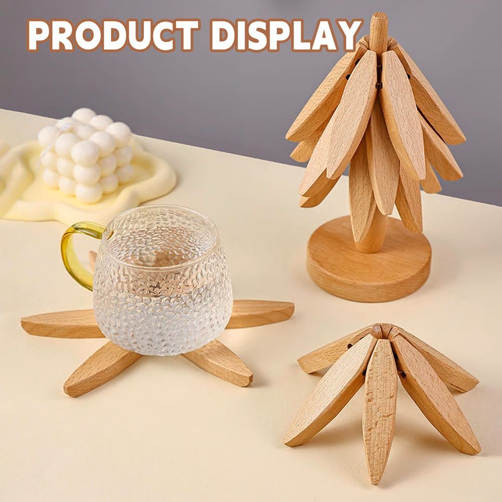 Natural Tree Trivet Set - 4 Wooden Trivets & 1 Stand Like a Christmas Tree