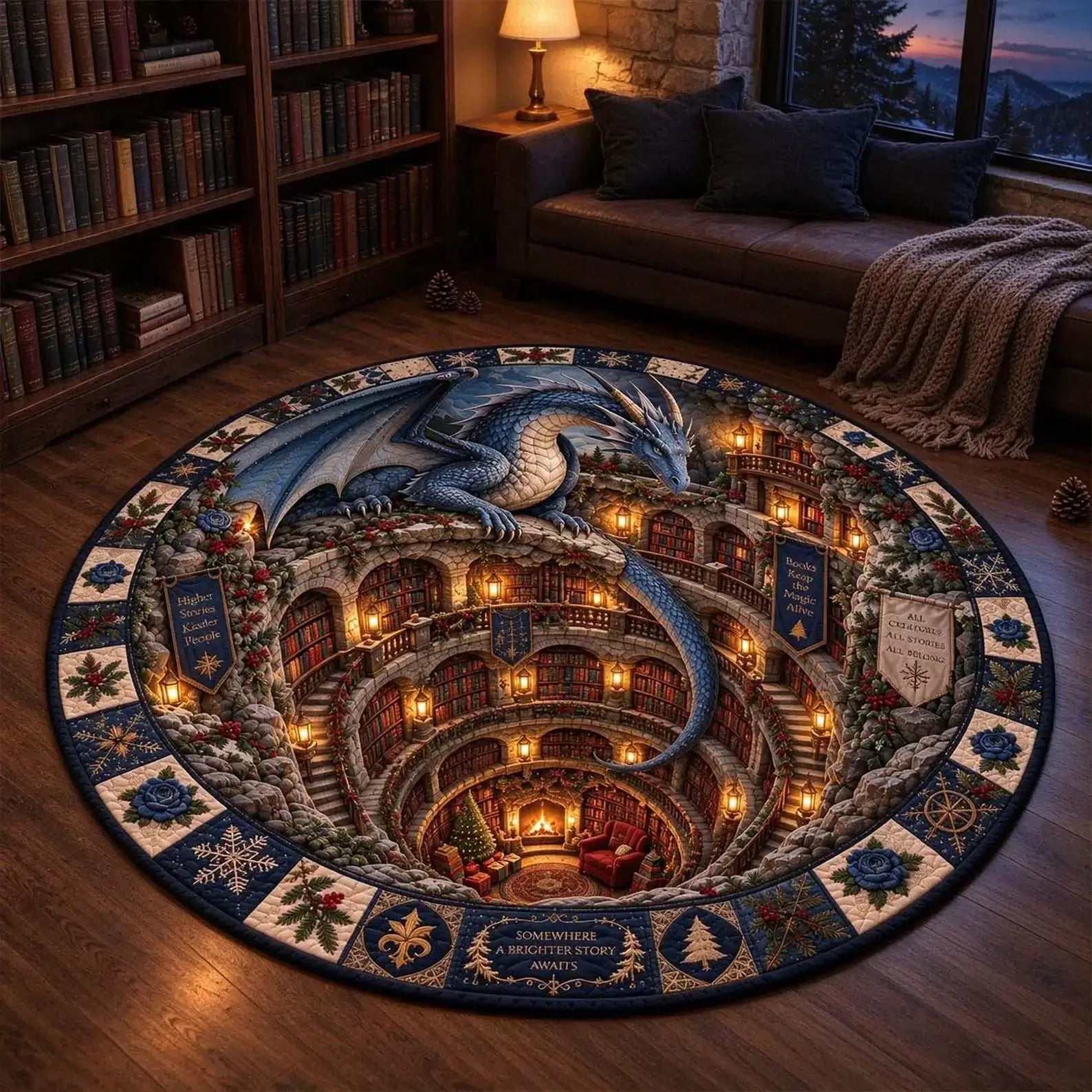 A large round area rug featuring a detailed fantasy illustration of a blue dragon flying over a glowing, multi-tiered library interior, styled in a cozy, dimly lit room with bookshelves and a sofa.