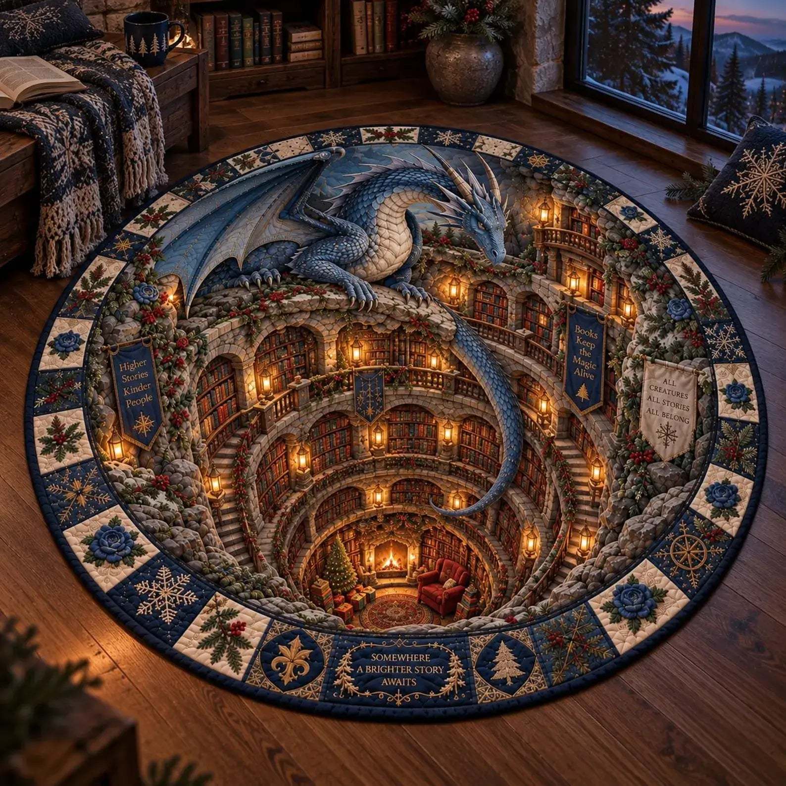 A large round area rug featuring a detailed fantasy illustration of a blue dragon above a glowing library interior, placed on a wooden floor in a cozy room setting.
