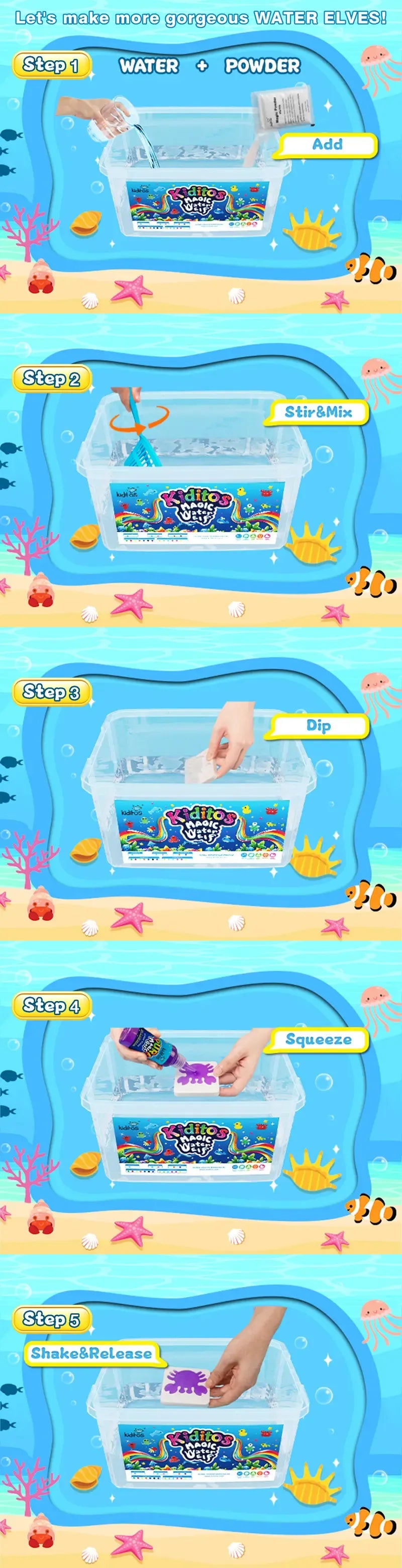 A six-step illustrated guide showing how to use a small plastic fish tank with colorful decorative pieces, labeled with text such as 'Step 1: Water', 'Step 2: Powders', 'Step 3: Dry', 'Step 4: Squish', and 'Step 5: Put together'.