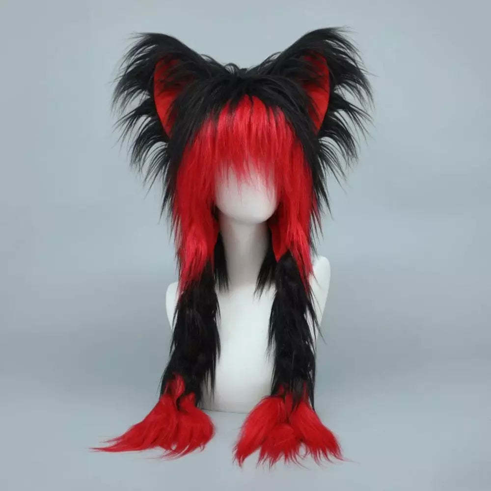 Black red fluffy plush hat with cute cat ears
