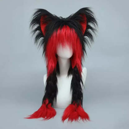 Black red fluffy plush hat with cute cat ears