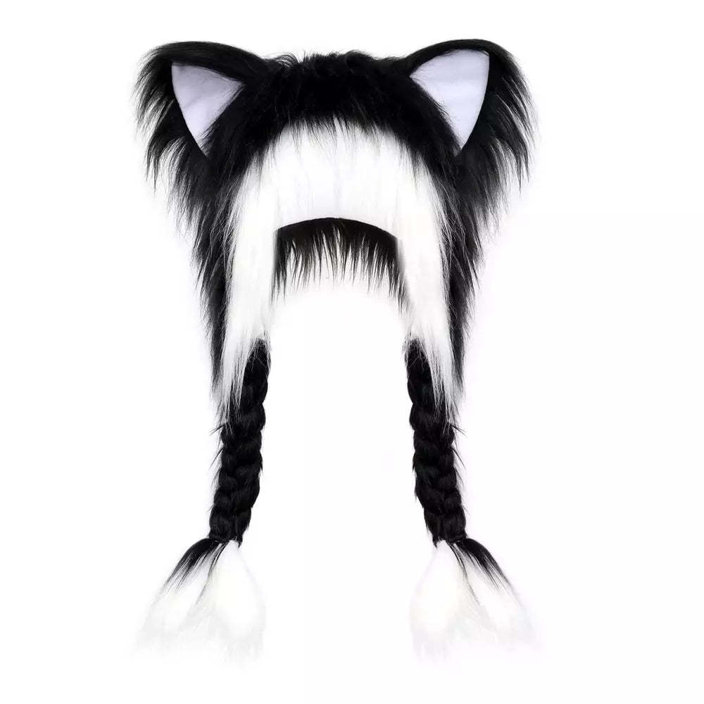 Black white fluffy plush hat with cute cat ears