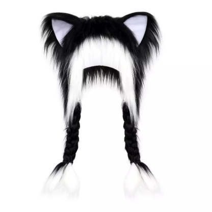 Black white fluffy plush hat with cute cat ears
