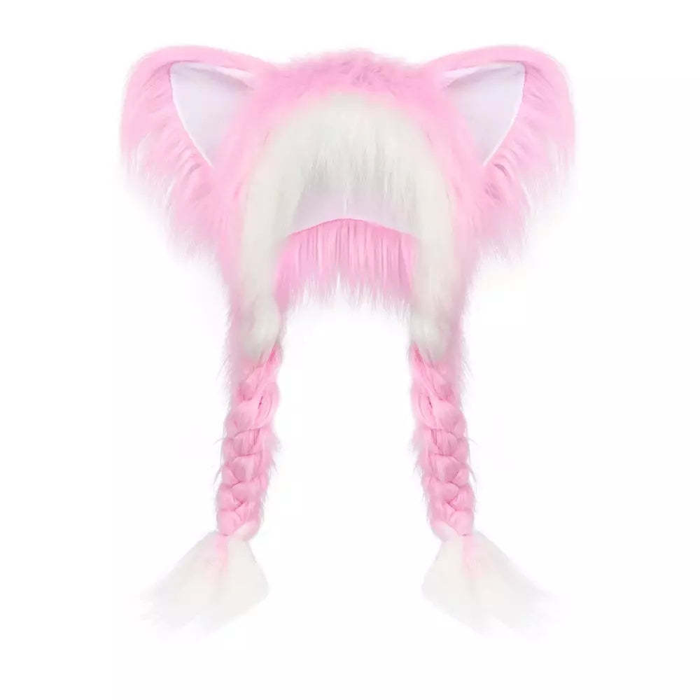 Pink white fluffy plush hat with cute cat ears