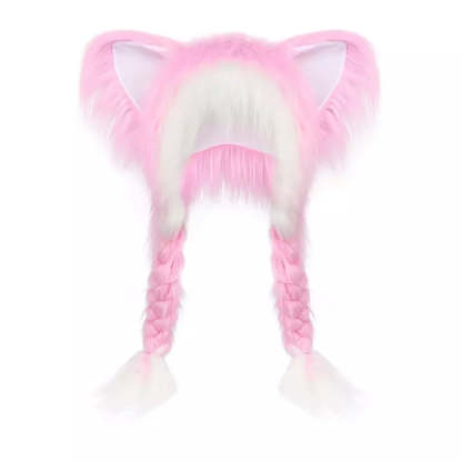 Pink white fluffy plush hat with cute cat ears