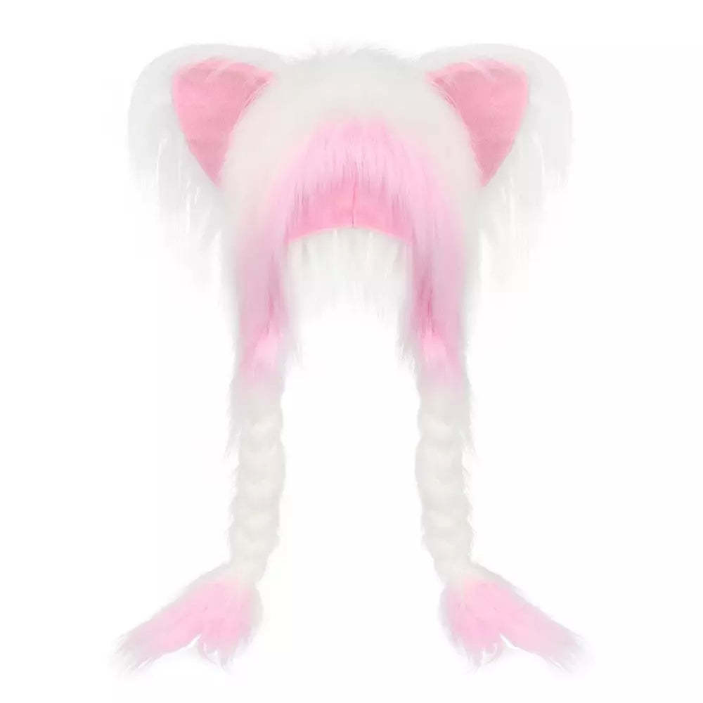 White pink fluffy plush hat with cute cat ears