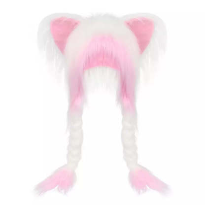 White pink fluffy plush hat with cute cat ears