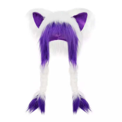 White purple fluffy plush hat with cute cat ears