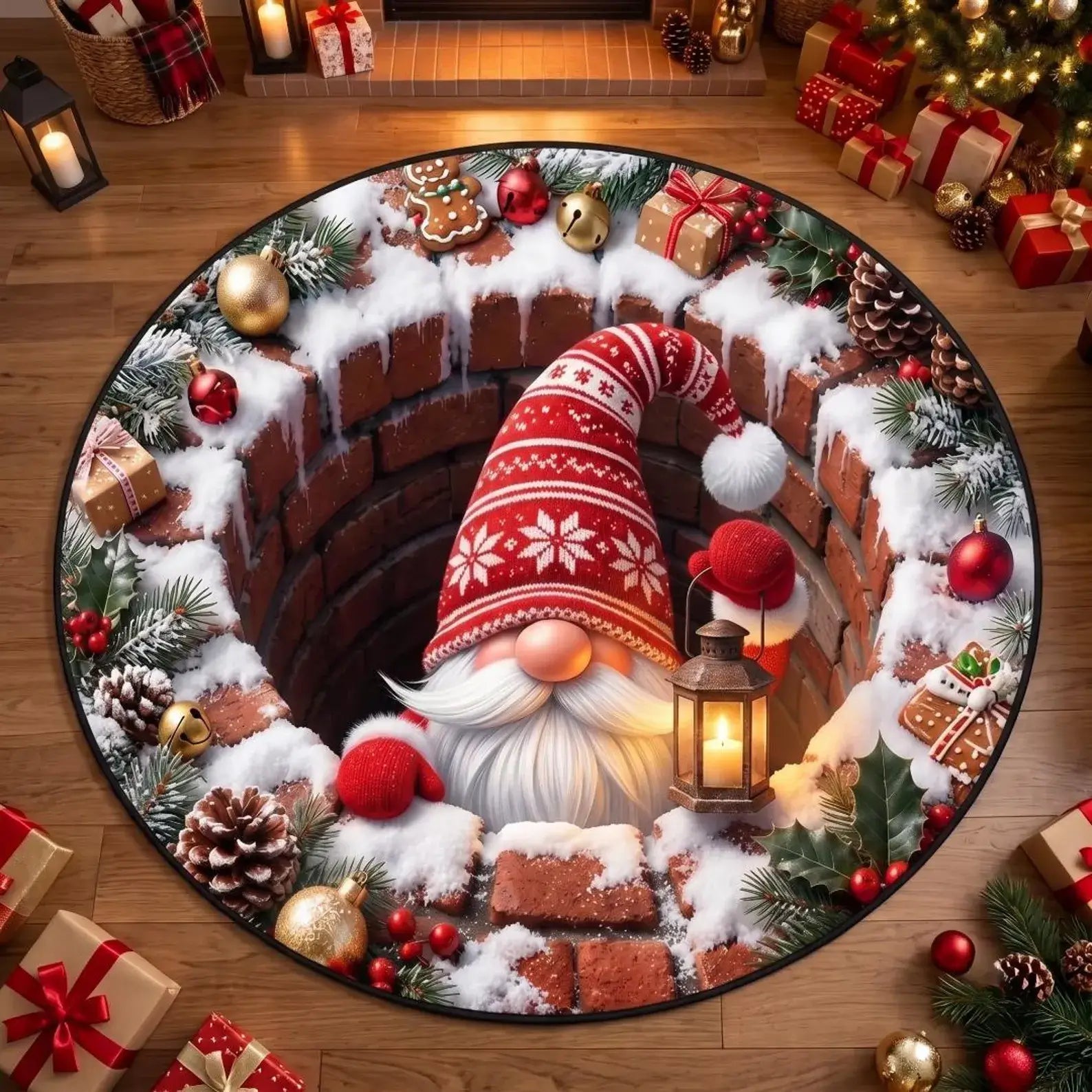 A round Christmas-themed floor mat or rug displayed on a wooden floor, featuring a festive gnome in a red patterned hat and white beard emerging from a snowy brick well decorated with ornaments, pinecones, evergreen branches, and a lantern. Surrounding the mat are holiday gifts and a decorated Christmas tree in the background.