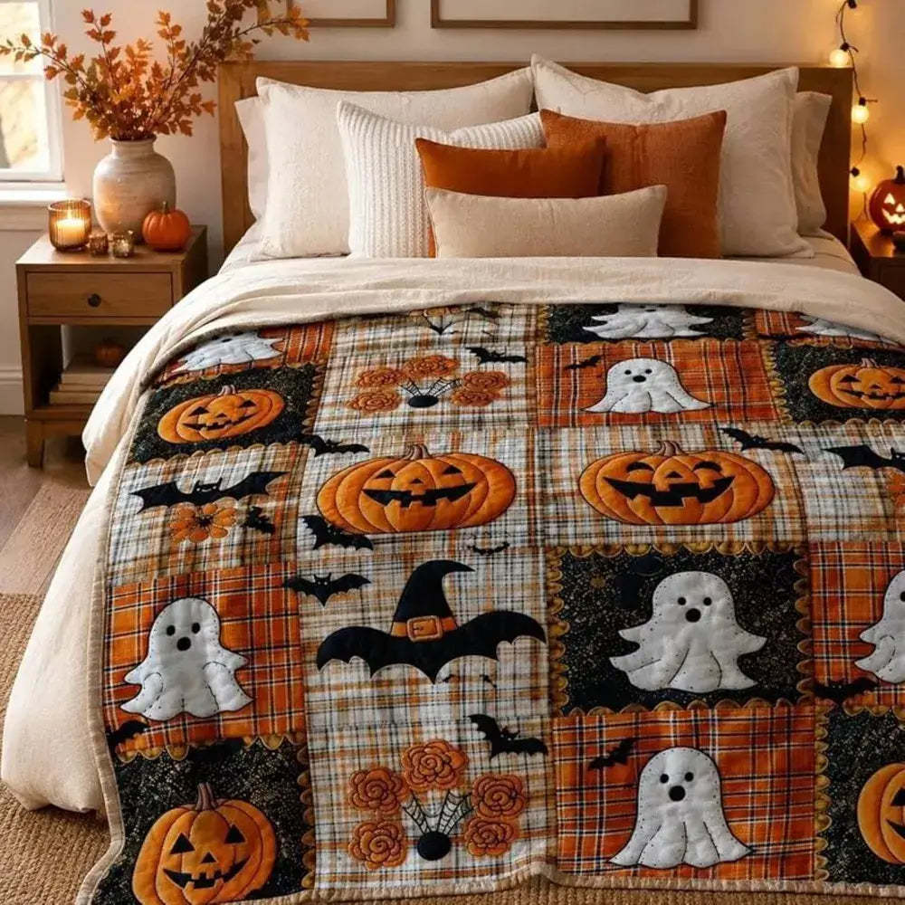 Halloween-themed flannel blanket styled on a bed