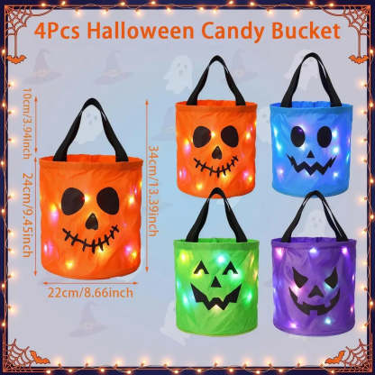 Four inflatable Halloween candy buckets with jack-o'-lantern faces, shown in orange, blue, green, and purple, each glowing with multicolor LED lights. The image includes dimension markings for the buckets and decorative Halloween-themed borders.