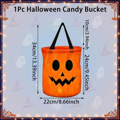 An orange Halloween candy bucket with a jack-o'-lantern face and black handles, shown with printed dimension arrows and labels on a pale blue decorative background.