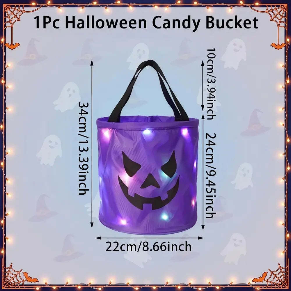 A purple Halloween candy bucket with black handles and a jack-o'-lantern face, shown with overlaid dimensions (34cm tall, 24cm wide, 10cm handle) and the text '1Pc Halloween Candy Bucket' on a ghost-patterned background.