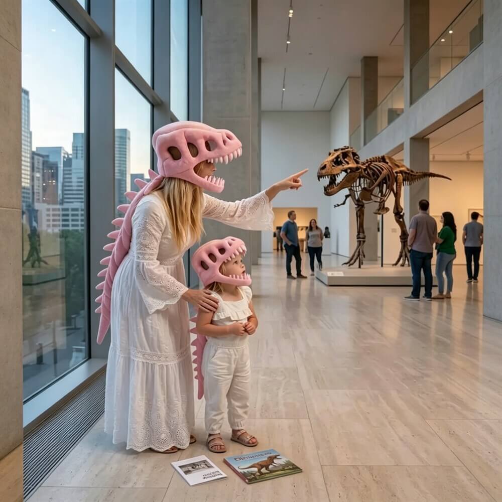 A woman and a child wearing pink dinosaur costume headpieces and a matching pink dinosaur costume dress stand in a modern museum gallery, pointing toward a large dinosaur skeleton exhibit in the background.
