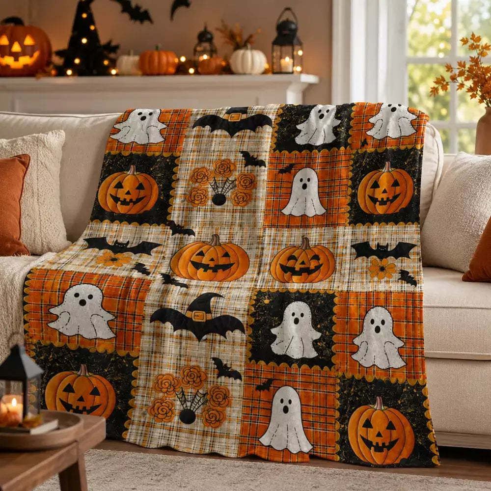 Halloween throw with a printed patchwork-style design