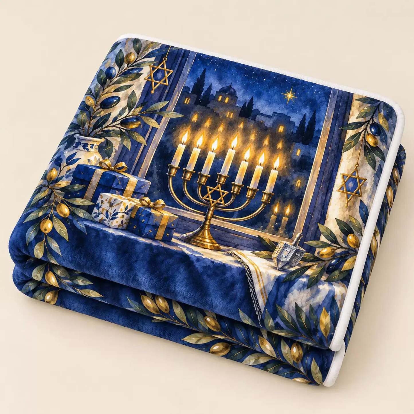 A folded Hanukkah blanket displays its golden menorah and olive branch watercolor design on a flat surface