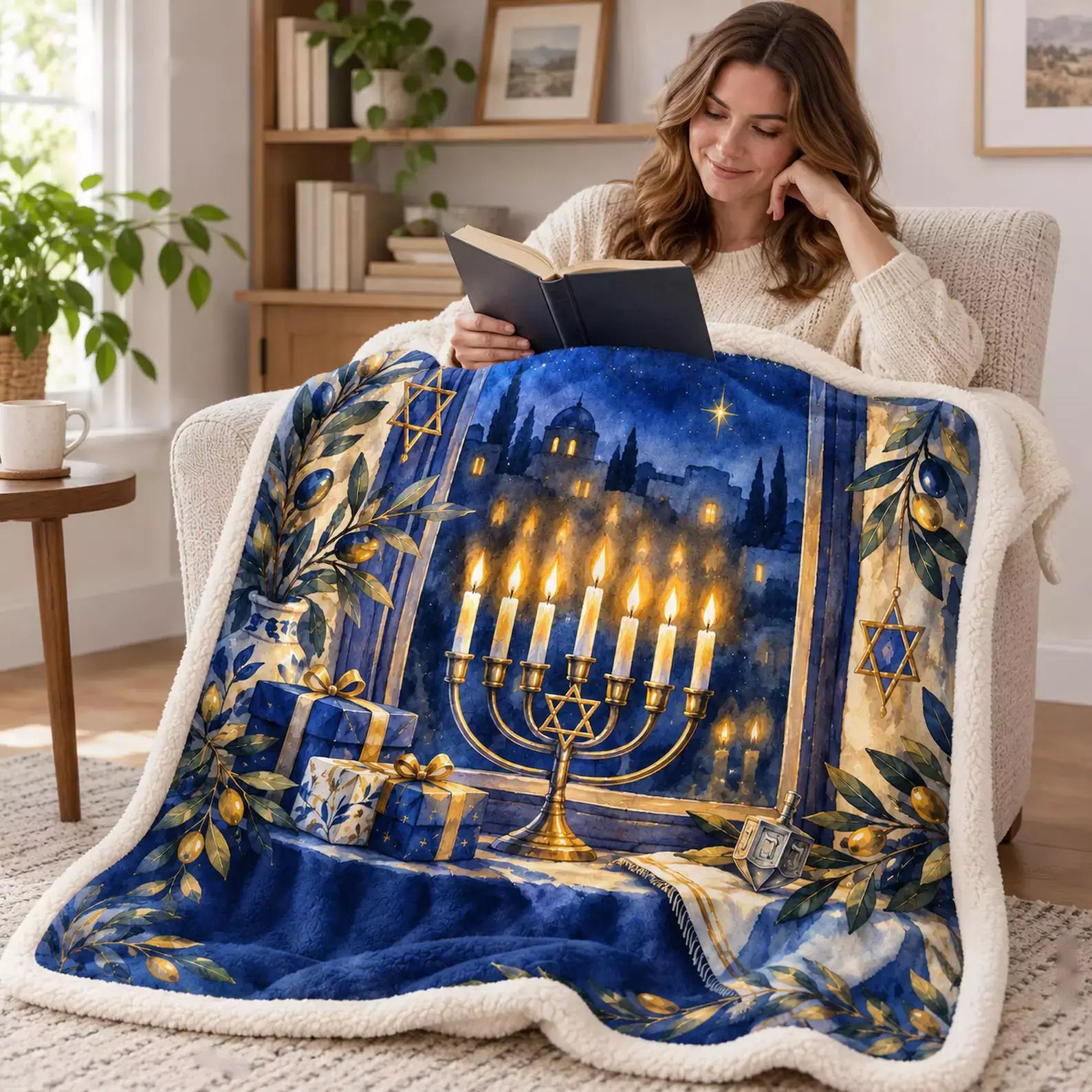 A woman in a beige sweater sits in an armchair reading with the blue Hanukkah menorah blanket draped over her lap beside a warm lit menorah