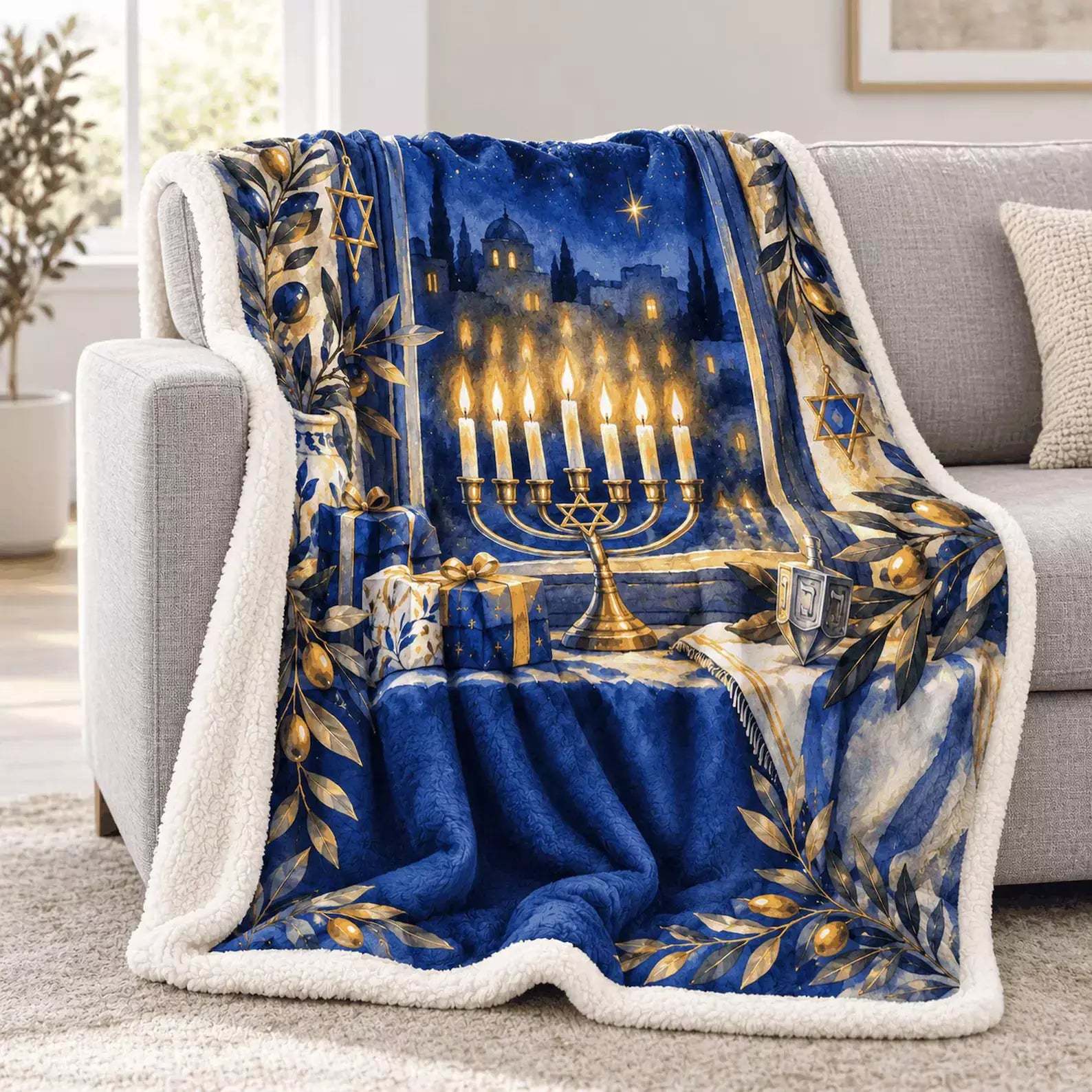 The blue and white plush menorah blanket is draped over a grey sofa in a bright living room