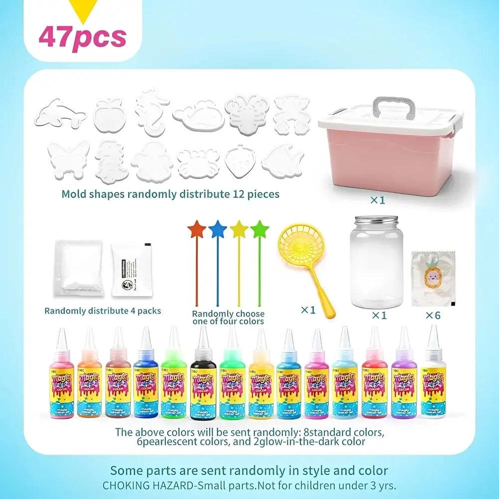 A product bundle listing for a children's craft paint kit, showing 47 pieces including 12 mold shapes, a pink storage box, paint bottles in multiple colors, a yellow paint brush, and other accessories on a light blue and white background.